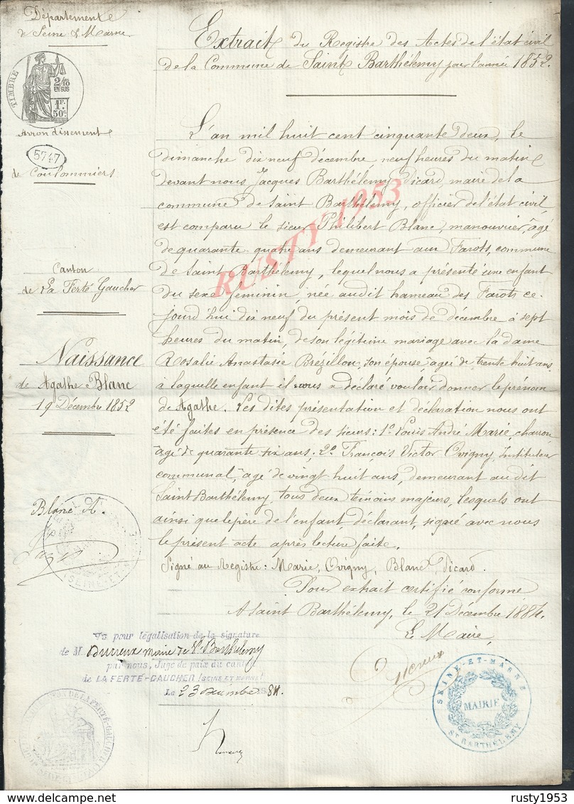 TYPE ACTE COMMUNE TAMPON MAIRIE DE SAINT BARTHÉLEMY 1852 NAISSANCE DE AGATHE BLANC : - Manuscripts