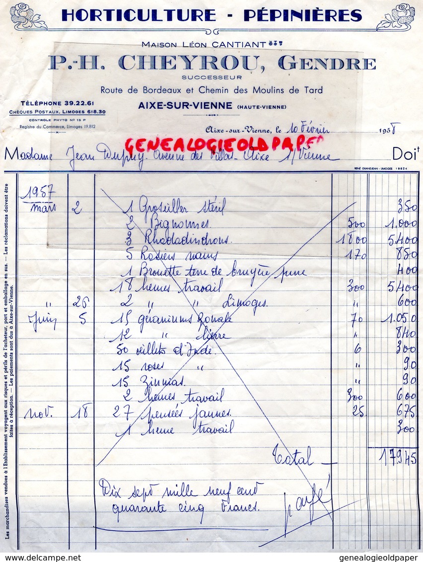 87 - AIXE SUR VIENNE - RARE FACTURE P.H. CHEYROU GENDRE-HORTICULTURE HORTICULTEUR- LEON CANTIANT-1958 - Agriculture