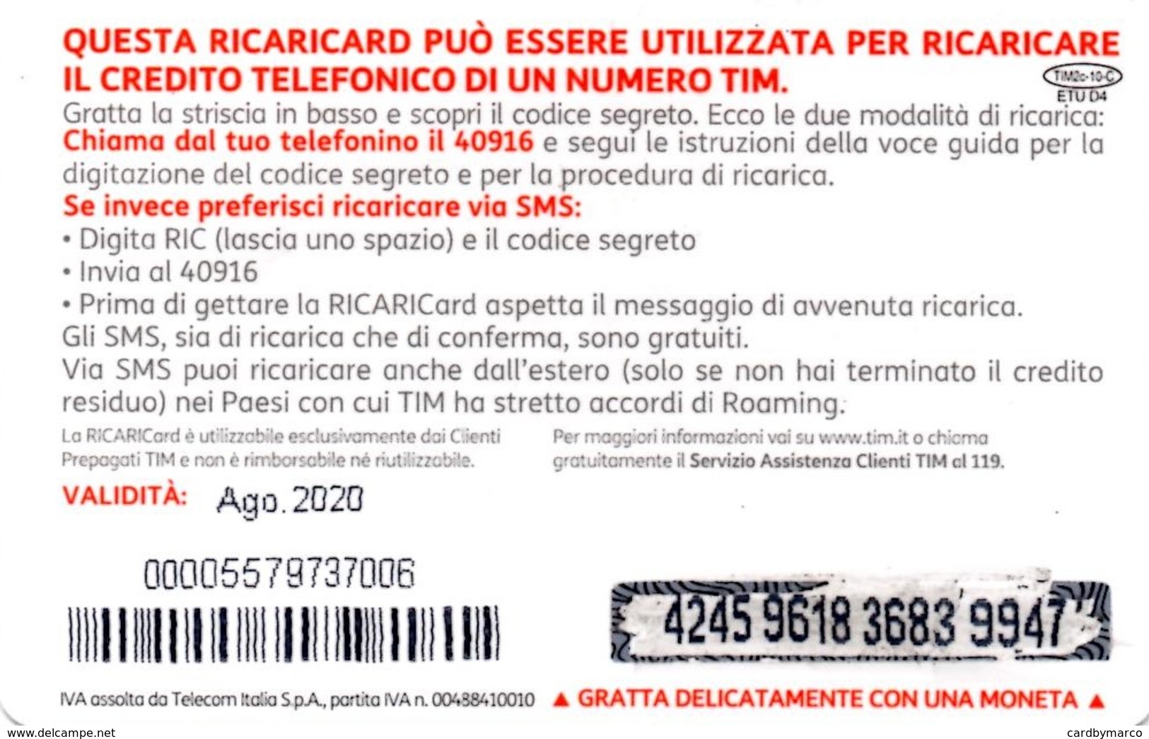 *ITALIA - TIM: QR CODE (TIM2c-10-C) - Ago.2020* - Ricarica Usata - Schede GSM, Prepagate & Ricariche