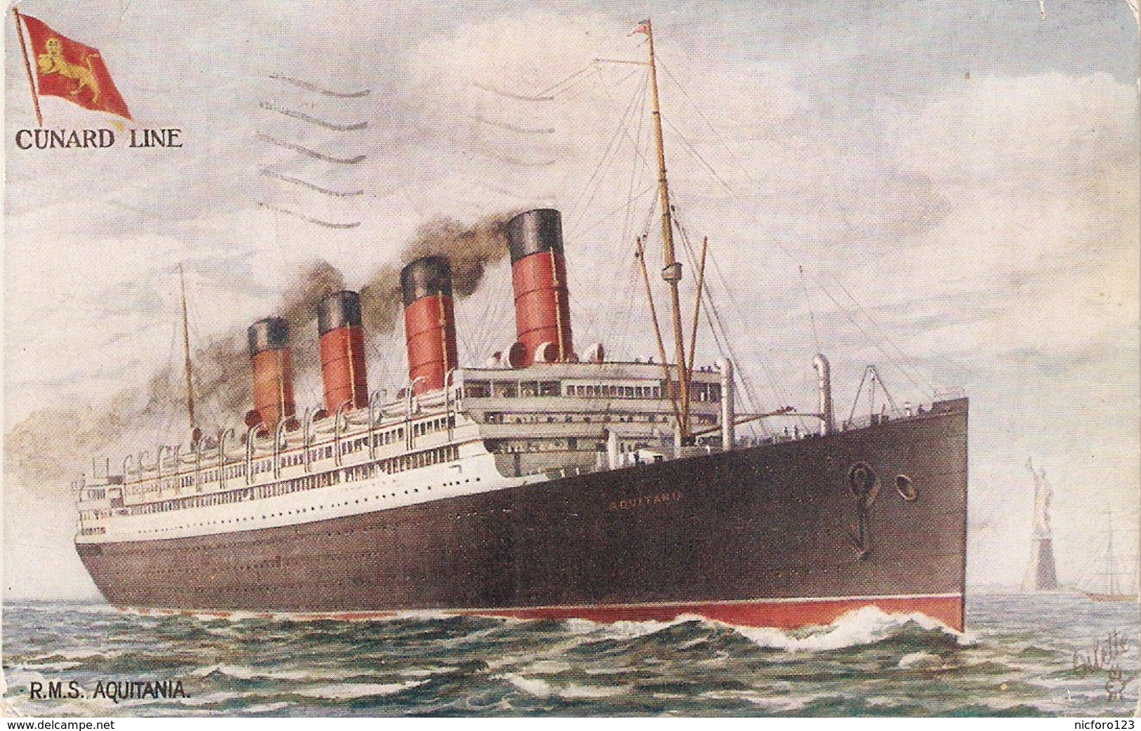 "H.M.S. Aquitania. Cunard Line Ship"  Tuck Oiette Celebrated Liners Series PC # 8690 - Tuck, Raphael