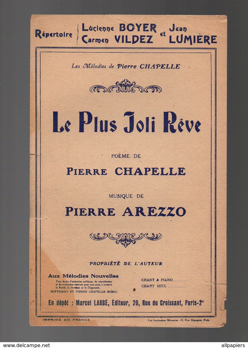 Partition Le Plus Joli Rêve Poème De Pierre Chapelle - Les Mélodies De Pierre Chapelle De 1911 - Chant Soliste