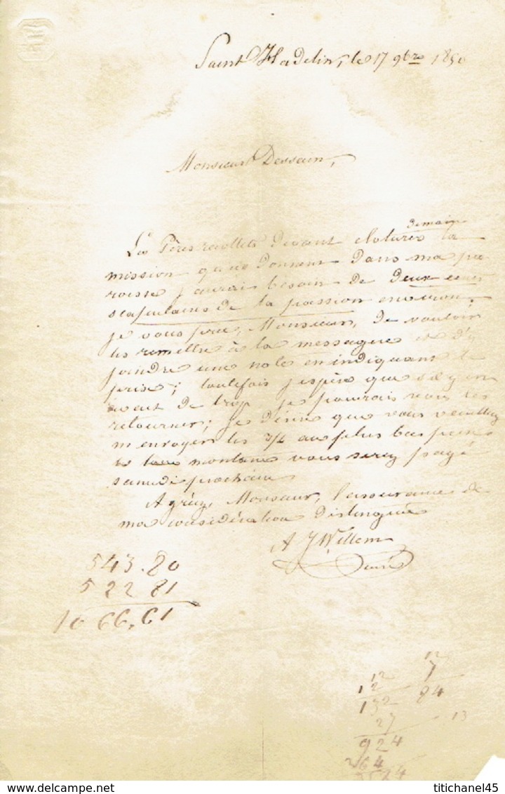 Précurseur Lettre Du 17/9/1850 Envoyée Par Messagère De VISE à LIEGE - Signé A. WILLEM Curé à SAINT-HADELIN - Autres & Non Classés