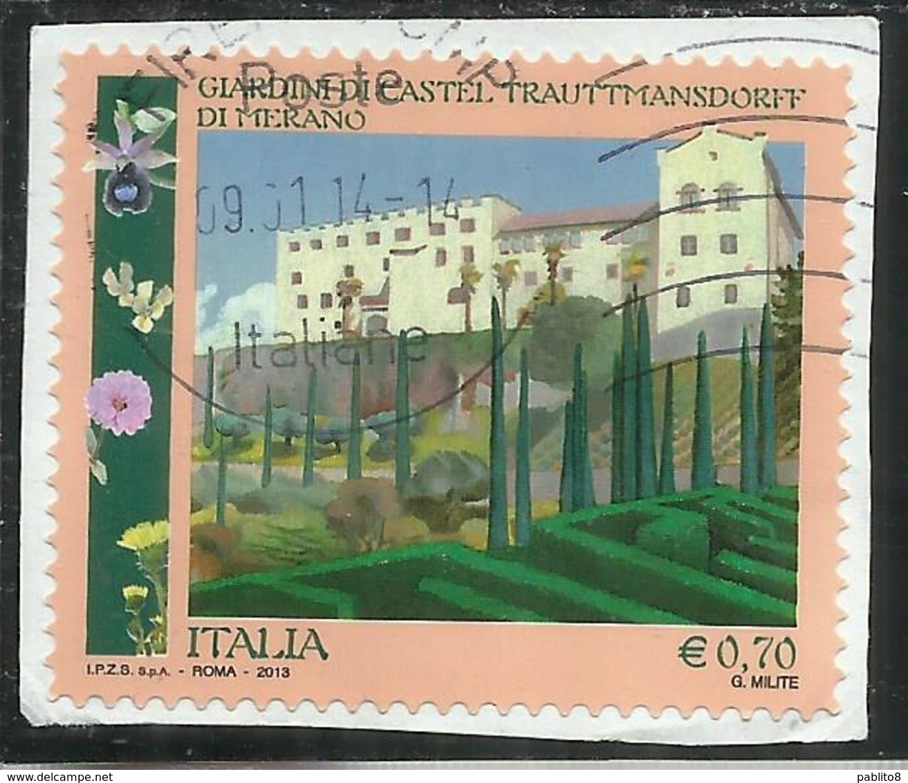 ITALY REPUBLIC ITALIA REPUBBLICA 2013 GIARDINI DI CASTEL TRAUTTMANSDORFF DI MERANO € 0,70 USATO USED OBLITERE' - 2011-20: Usati