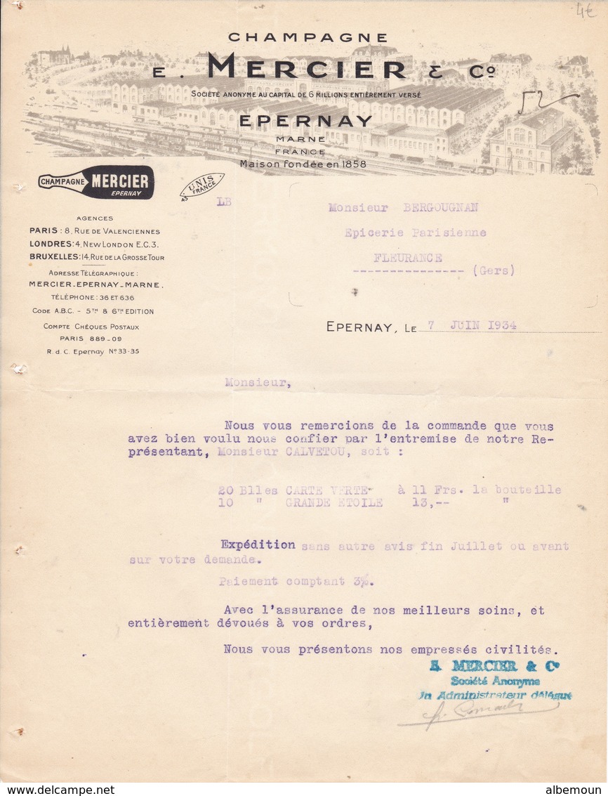 51.Epernay. Champagne Mercier Confirmation De Commande Du 7.06.1934 Pour Bourgougnan Fleurance - 1900 – 1949