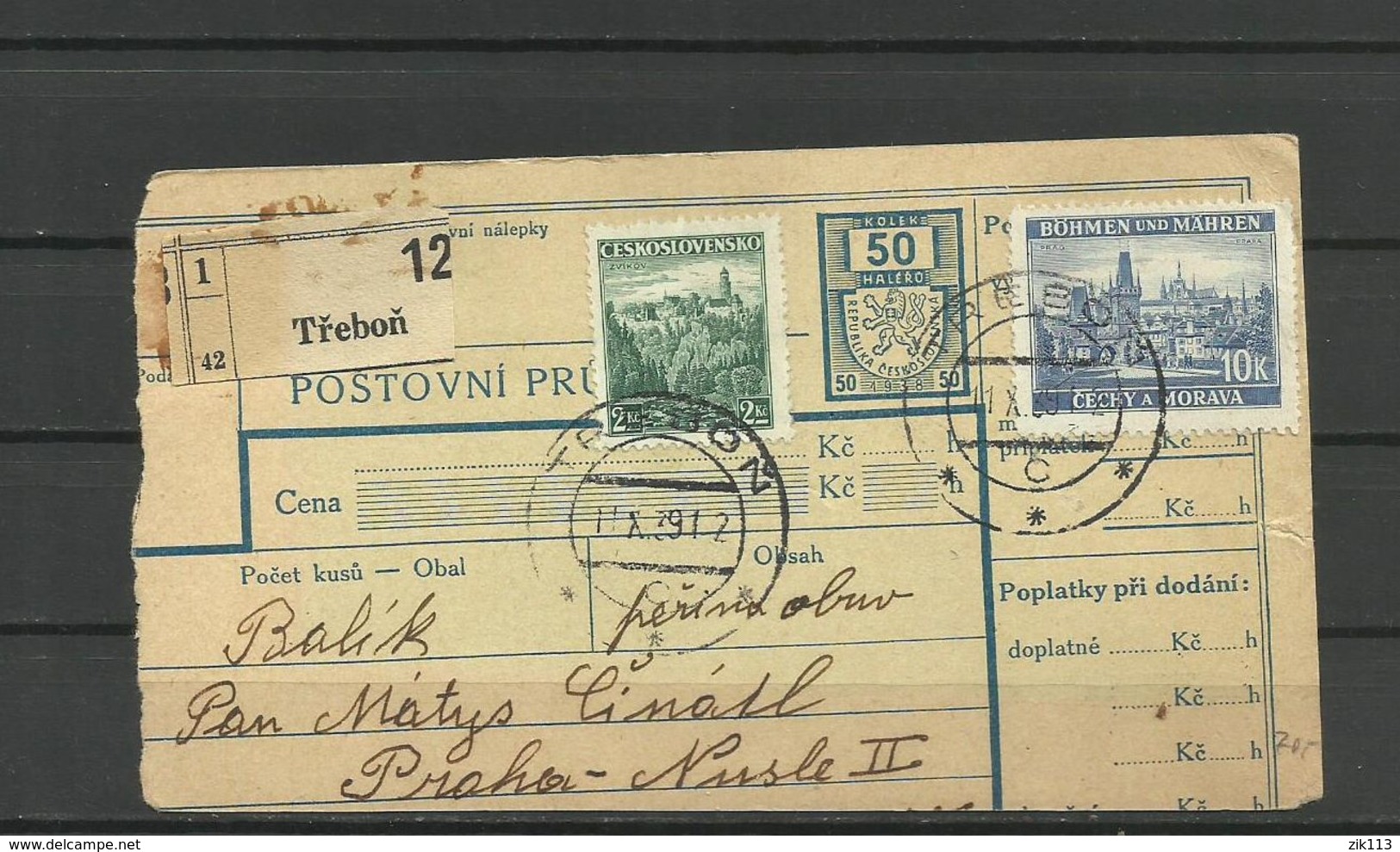 Bohemia & Moravia - Paketkarte, Trebon 1939 - Covers & Documents