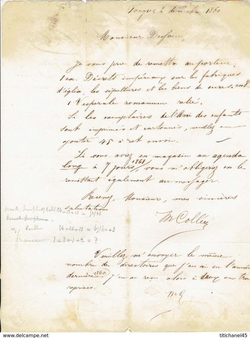 TONGEREN - Brief Van  2/12/1860 Verzonden Door Koerier Van TONGRES Naar LIEGE - Getekend Vve COLLEE - Autres & Non Classés