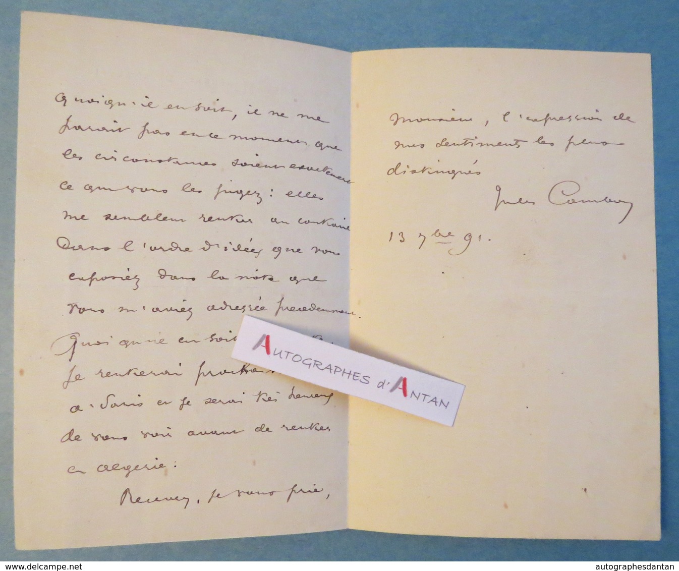 L.A.S 1891 Jules CAMBON Diplomate Gouvernement Général De L'ALGERIE - Académicien - Paris Vevey - Lettre Autographe LAS - Autres & Non Classés