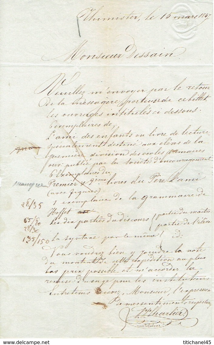 Précurseur Lettre Du 15/3/1847 Envoyée Par Messager De THIMISTER à LIEGE - Signé CHARLIER Instituteur à THIMISTER - 1830-1849 (Belgique Indépendante)