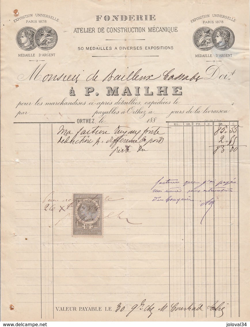 Facture Illustrée 26/12/1886 MAILHE Fonderie ORTHEZ Basses Pyrénées  à M. De Bailleux - 1800 – 1899