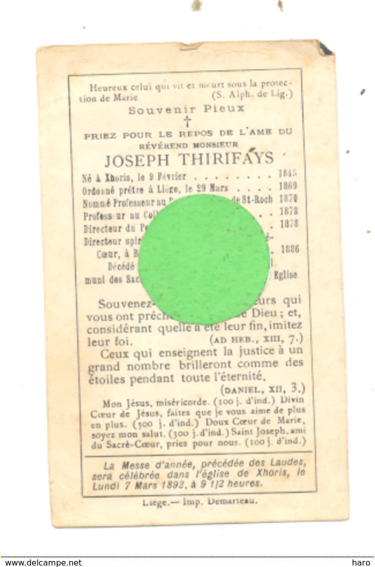 Faire=part De Décès De L'abbé Joseph THIRIFAYS  - Né à XHORIS En 1845  Curé De Bois L'Evêque Et Y Décédé  En 1891 (xh) - Décès