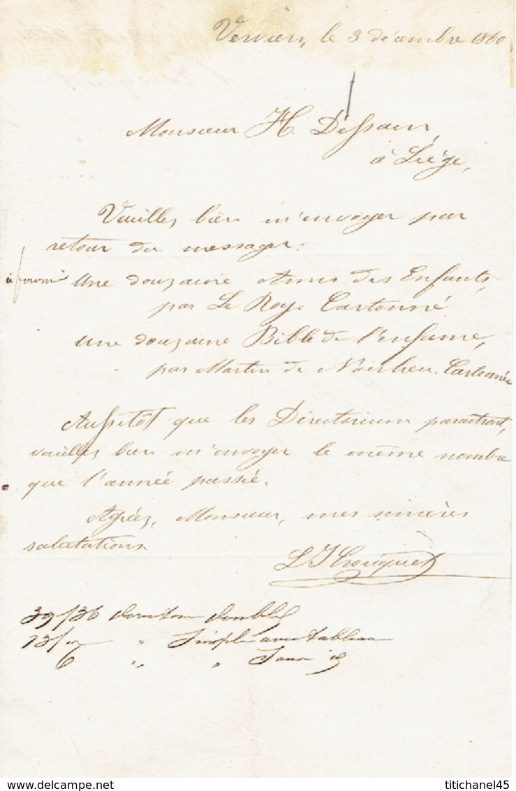 Lettre Du 3/12/1860 Envoyée Par Messager De VERVIERS à LIEGE - Signé L. J. CROUQUET Imprimeur à VERVIERS - Autres & Non Classés