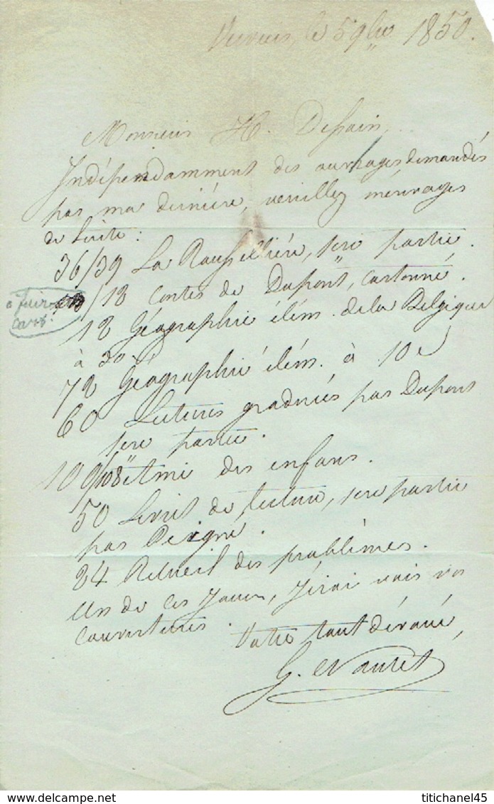 Lettre Du 5/9/1850 Envoyée Par Porteur De VERVIERS à LIEGE - Signé G. NAUTET Imprimeur à VERVIERS - Autres & Non Classés