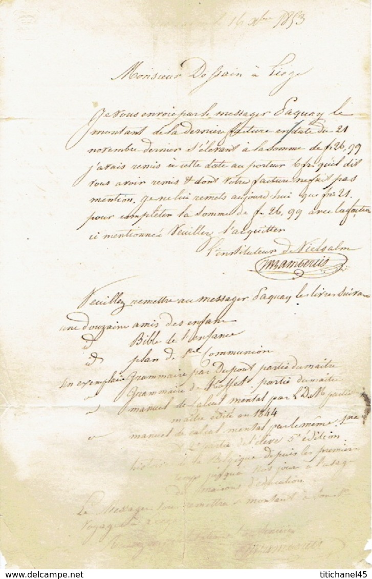 Lettre 16/10/1853 + Manuscrit "avec 21frs" Envoyée Par Le Messager PAQUAY De VIELSALM à LIEGE- Signé LAMBERTY à VIELSALM - Autres & Non Classés