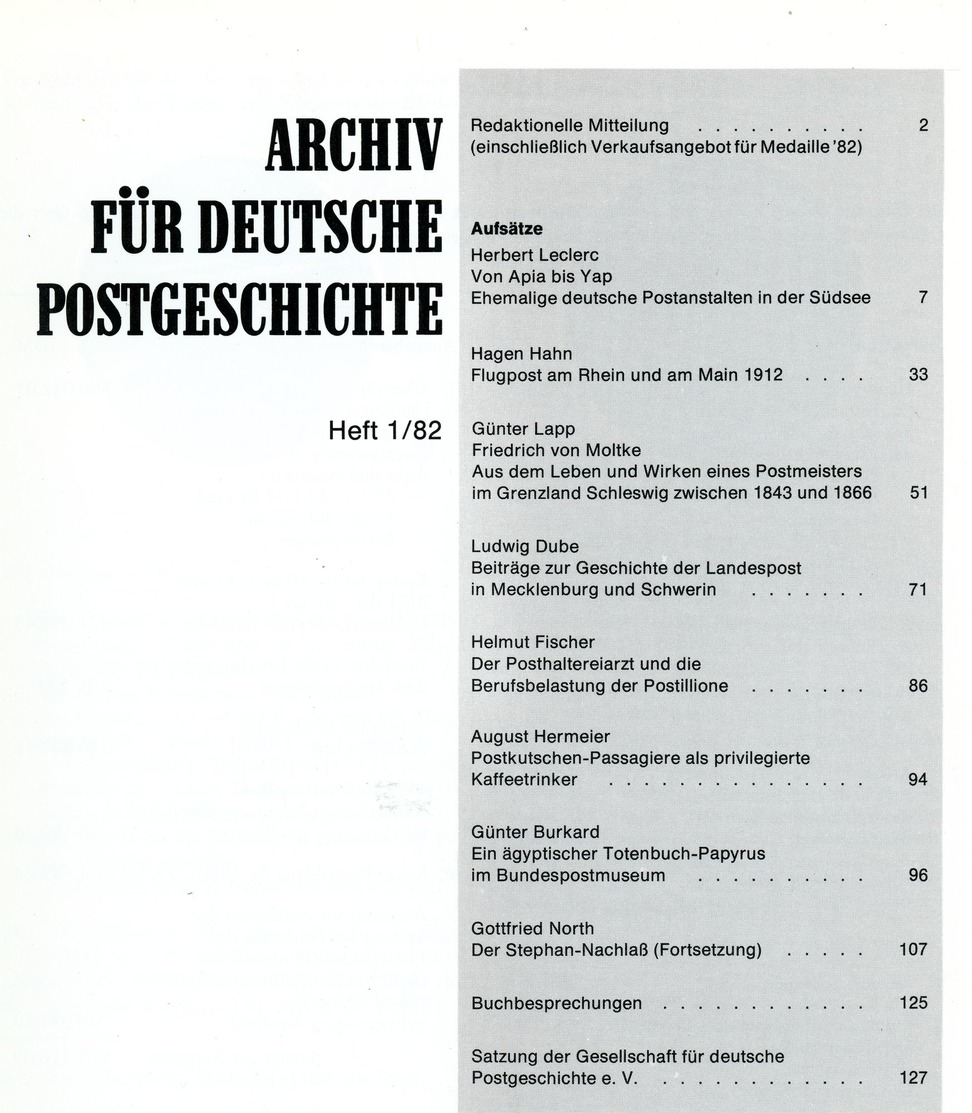 Archiv Für Deutsche Postgeschichte Heft 1 / 1982 - Allemand (àpd. 1941)