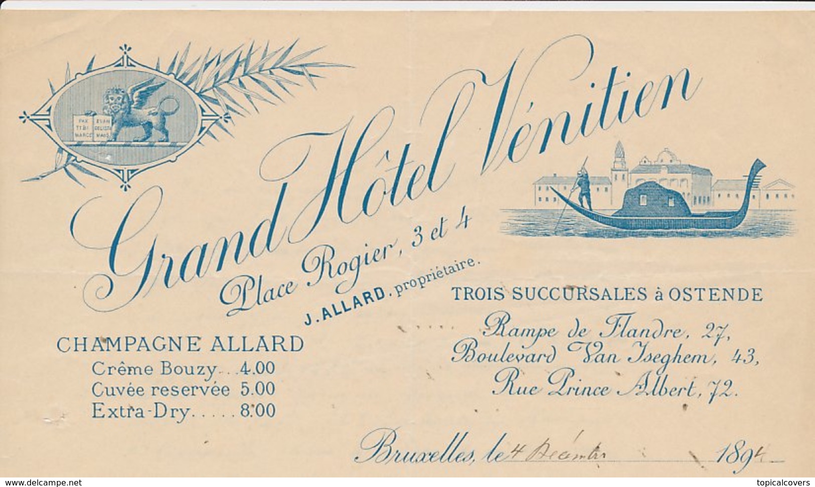 Factuur / Brief  Bruxelles / Brussel 1894 - Grand Hotel Venitien - Venice - Gondola - 1800 – 1899