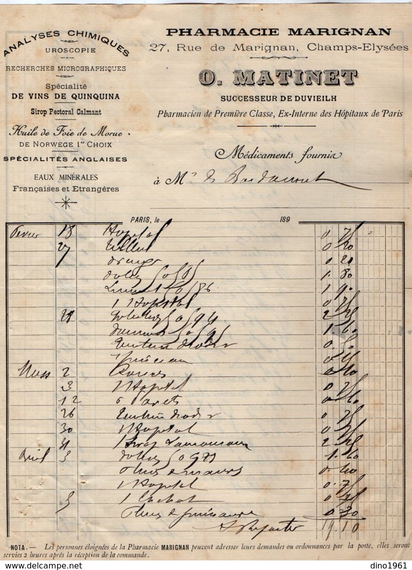 VP14.190 - Facture - Pharmacie Marignan O. MATINET Pharmacien à PARIS Rue De Marignan , Champs - Elysées - 1900 – 1949