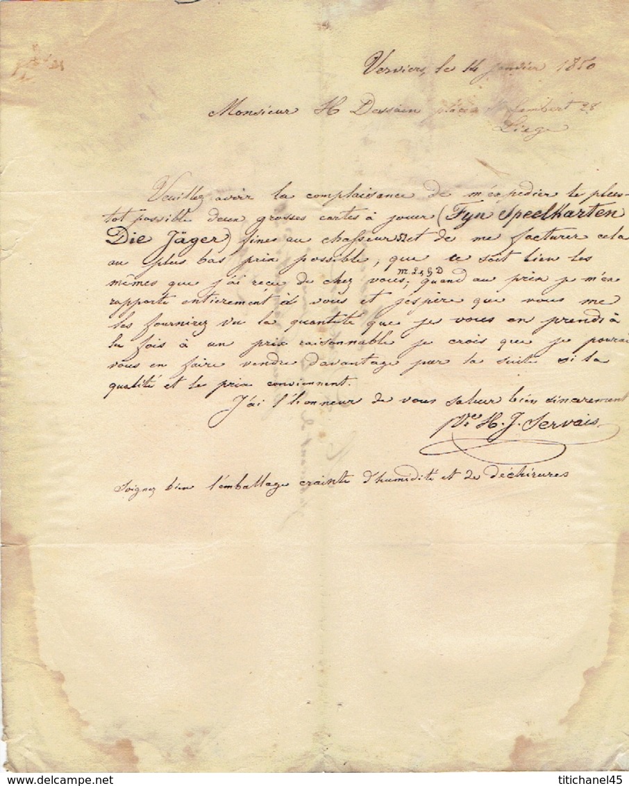 14/1/1850 Lettre Envoyée Par Porteur De VERVIERS à H. DESSAIN  Fabricant De Cartes à Jouer (speelkaarten) à LIEGE - Autres & Non Classés