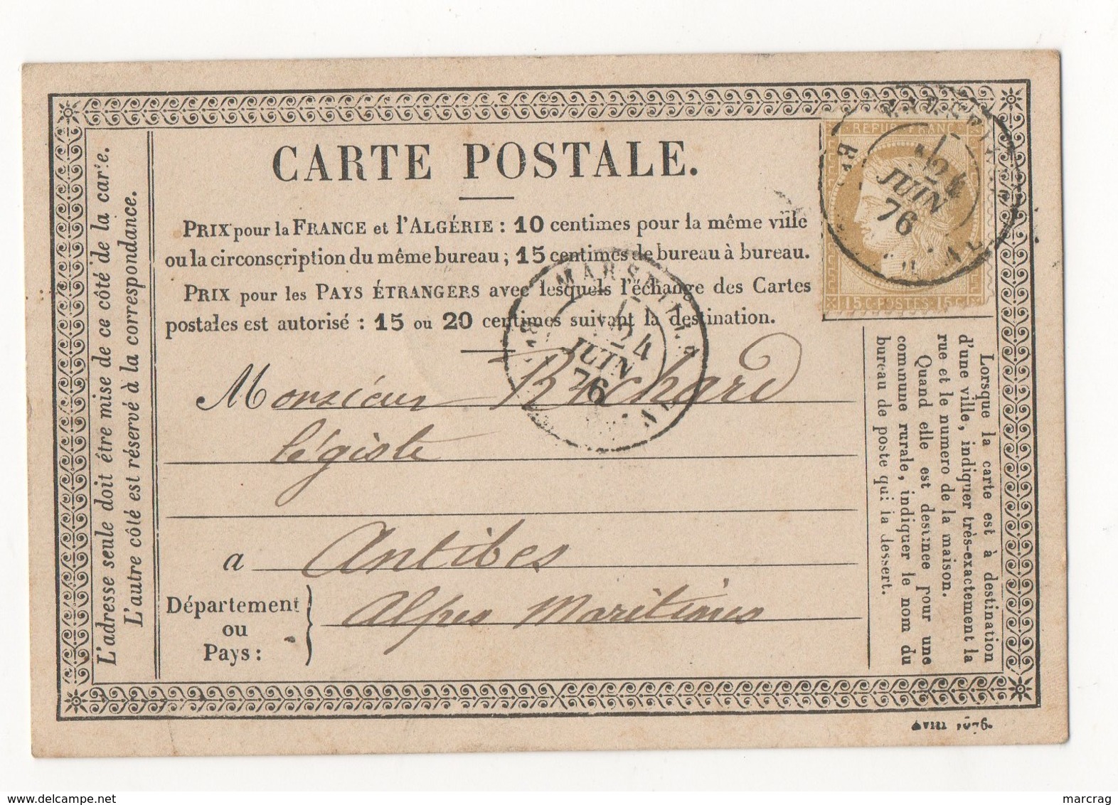 CARTE POSTALE DE 1876 DE MARSEILLE POUR ANTIBES - 1871-1875 Ceres