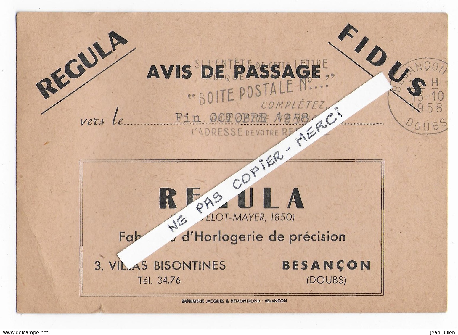 25 - BESANCON  - HORLOGERIE - " REGULA" - CHAUVELOT Et MAYER - Carte Commerciale - 1959 - Besancon