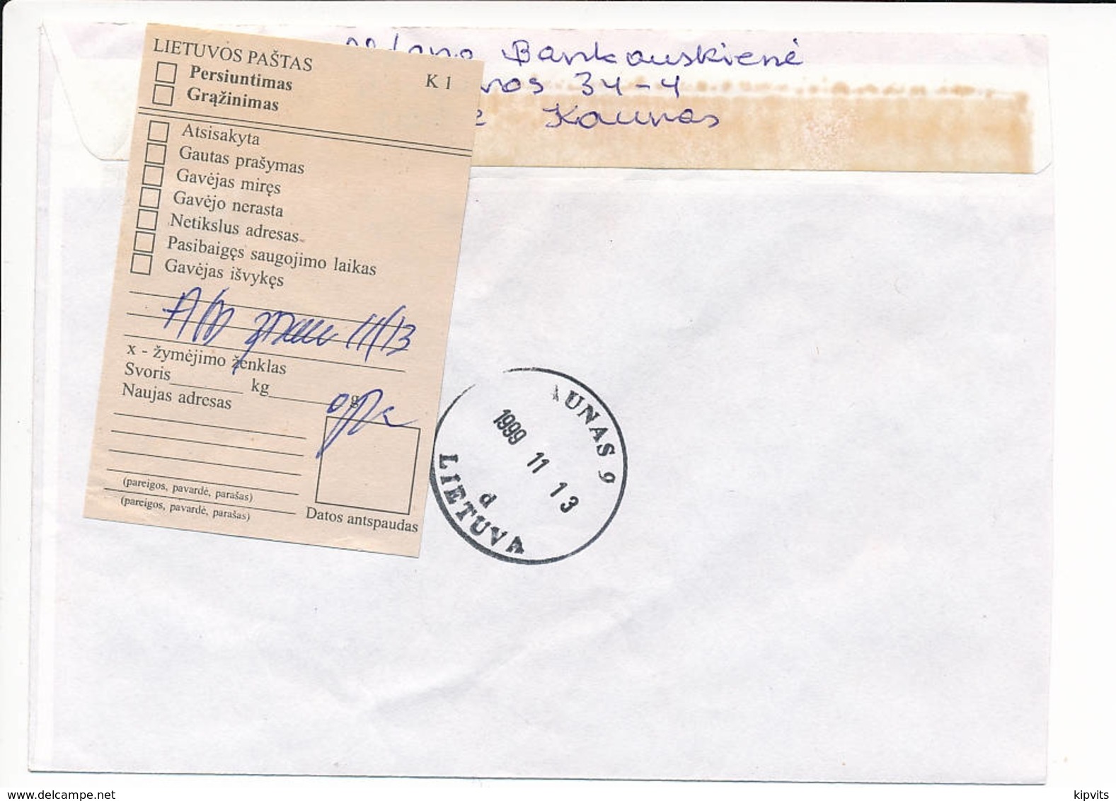 Registered Commercial Cover / Postal Label - 12 November 1999 Kaunas 2 - Lithuania