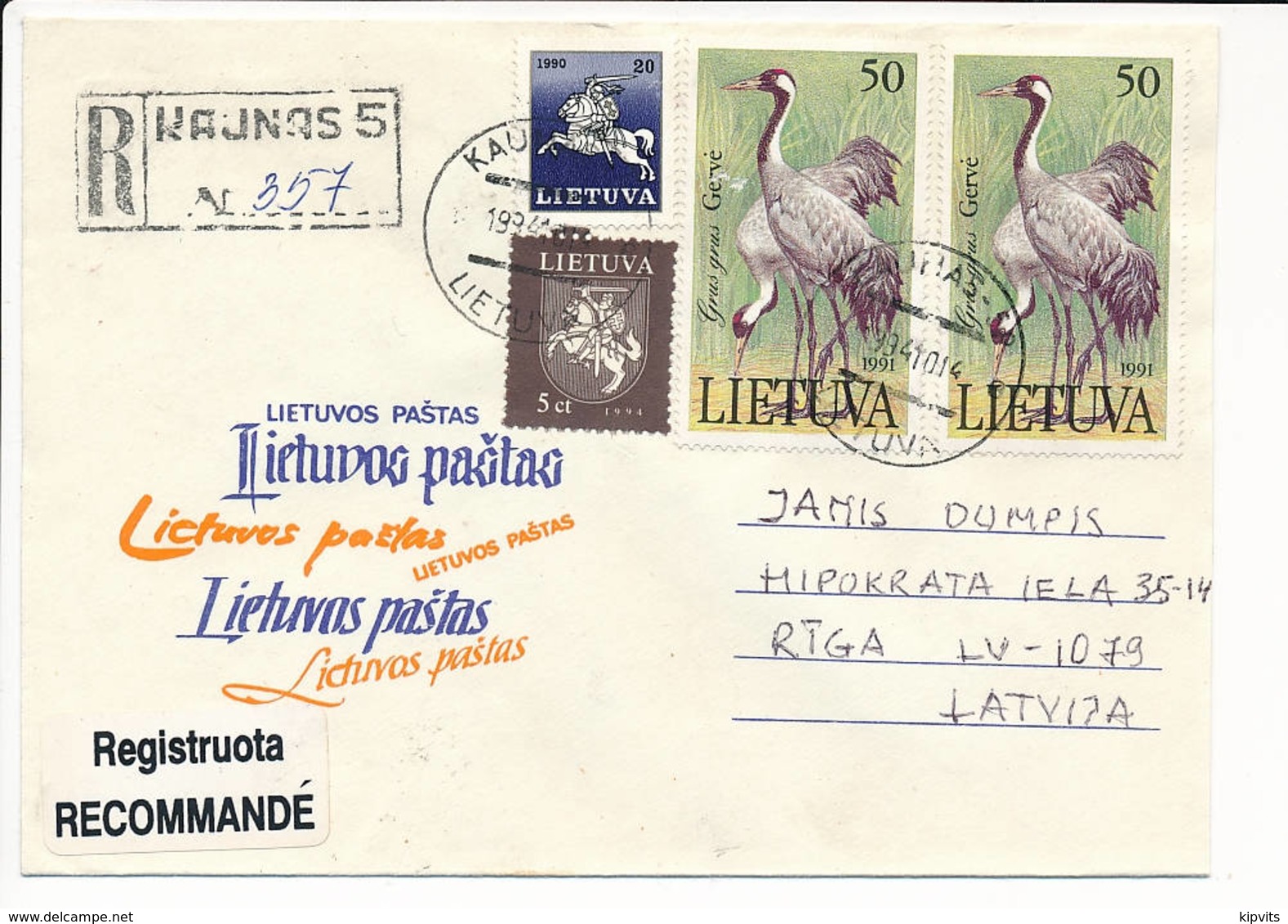 Registered Cover / Birds Crane Grus Grus - 14 October 1994 Kaunas 5 To Latvia - Lithuania