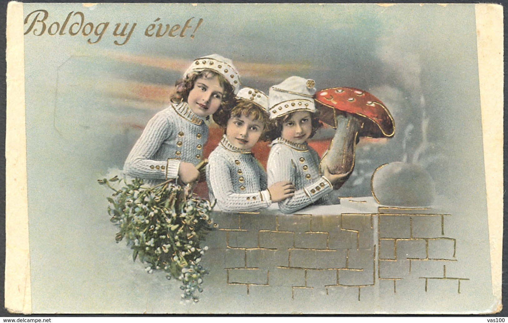 CPA MUSHROOM, MISTLETOE, CHILDRENS, EMBOSSED - Mushrooms