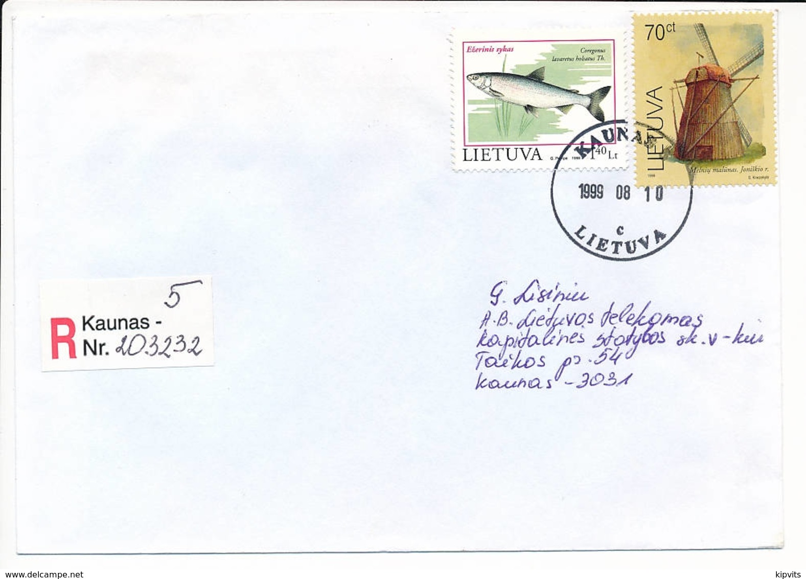 Registered Commercial Cover / Fish Salmon Windmill - 10 August 1999 Kaunas 5 - Lithuania