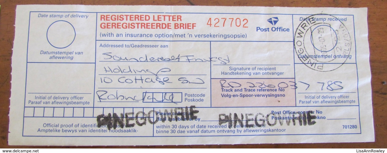 SOUTH AFRICA=REGISTERED LETTER TRACKING DETAIL SLIPS X 6=RANDPARK RIDGE==2006PINEGOWRIE=2009=GAUTENG=JOHANNESBURG - Lettres & Documents