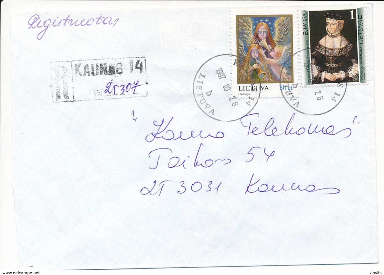 Registered Commercial Cover / CEPT Europa Angel Christmas - 26 March 1997 Kaunas 14 - Lithuania