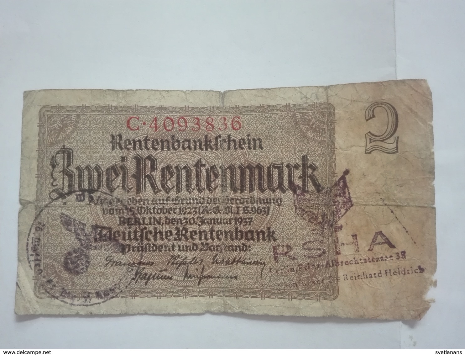 WWII WW2 2 DEUTSCHE RENTENMARK RENTENBANK MARK BANK BANKNOTE GERMANY CONCENTRATION CAMP KONZENTRATIONSLAGER KZ BERLIN - Andere & Zonder Classificatie