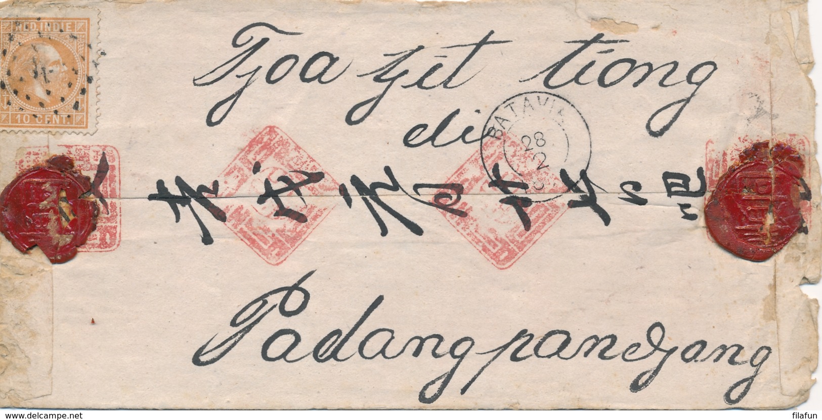 Nederlands Indië - 1878 - 10 Cent Willem III Op Chinezenbriefje Van KR Batavia Naar R PADANGPANDJANG - Zegel Defect - Indes Néerlandaises