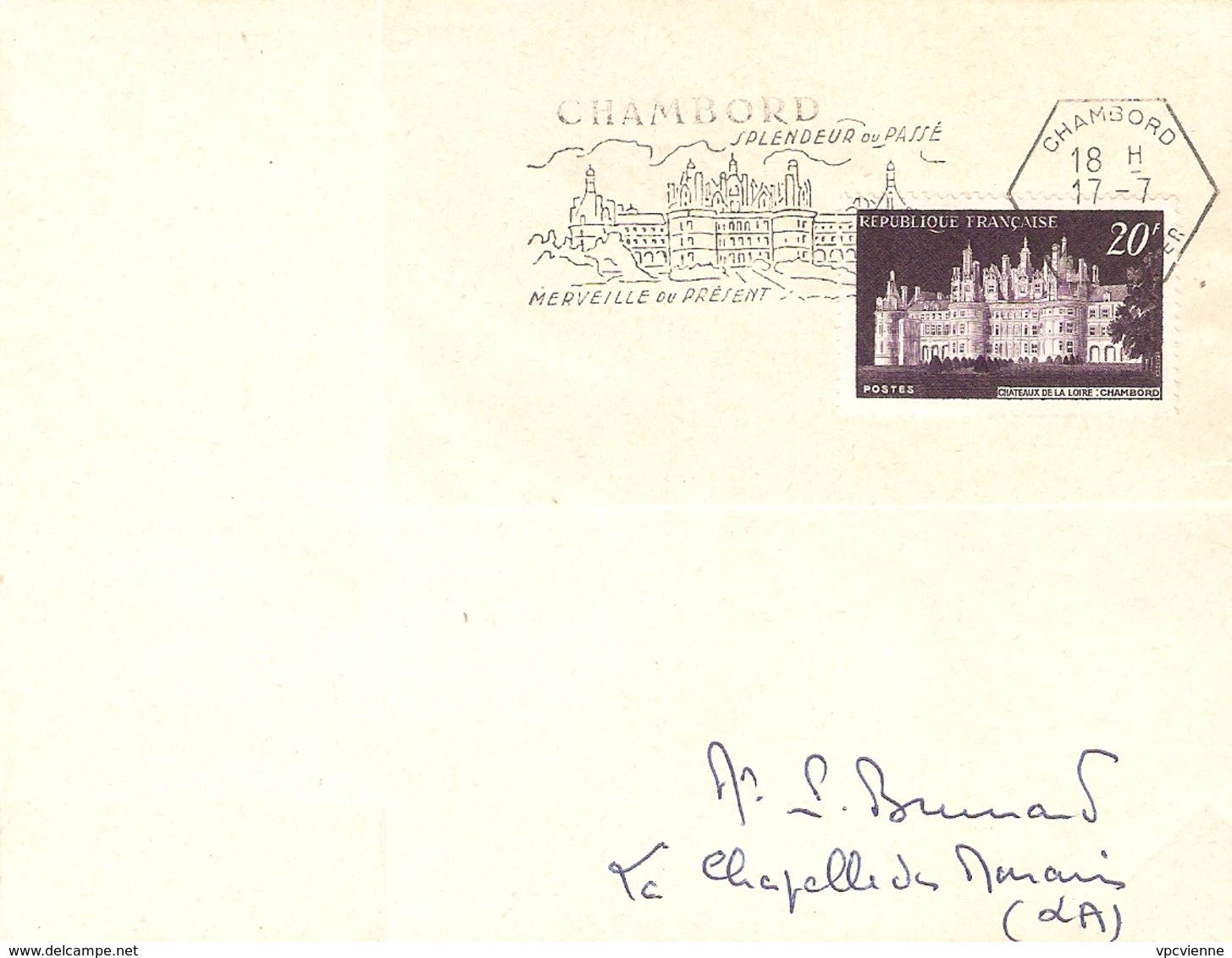 CHAMBORD FLAMME ILLUSTREE CHATEAU 1957 CACHET HEXAGONAL TIMBRE CONCORDANT N° 924 - Oblitérations Mécaniques (flammes)