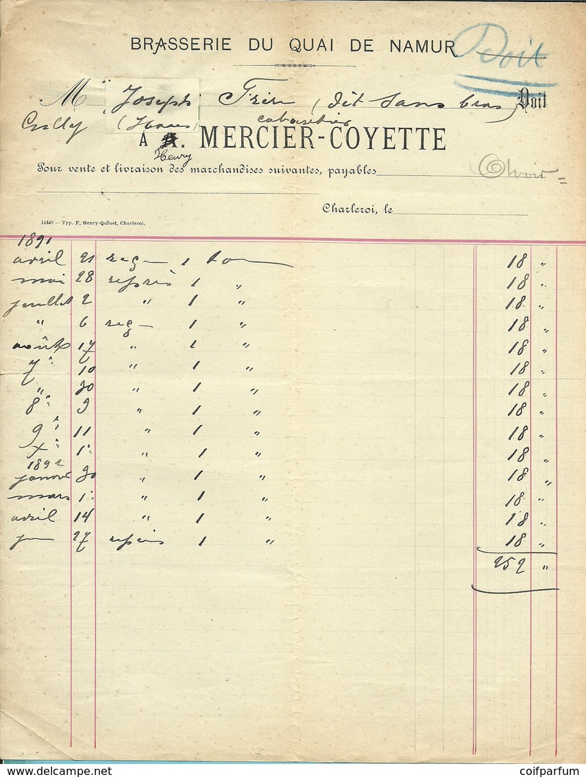 BRASSERIE DU QUAI DE NAMUR  / A.MERCIER-COYETTE  1891 (F948) - 1800 – 1899