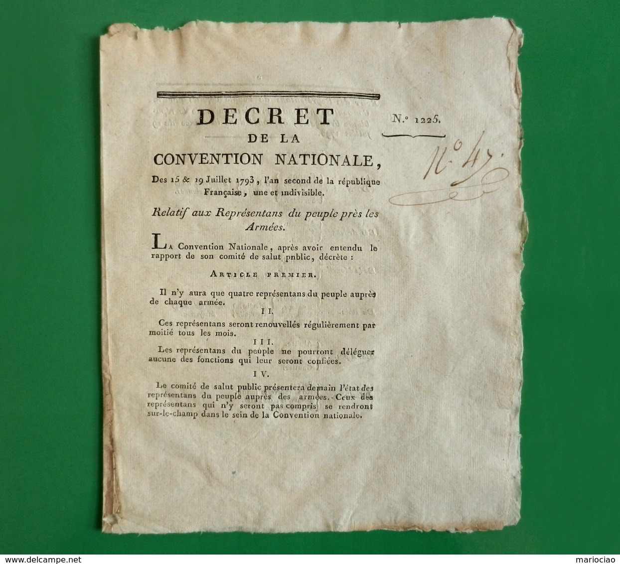 D-FR Révolution 1793 Decret Relatif Aux Représentans Du Peuple Près Les Armées - Documents Historiques