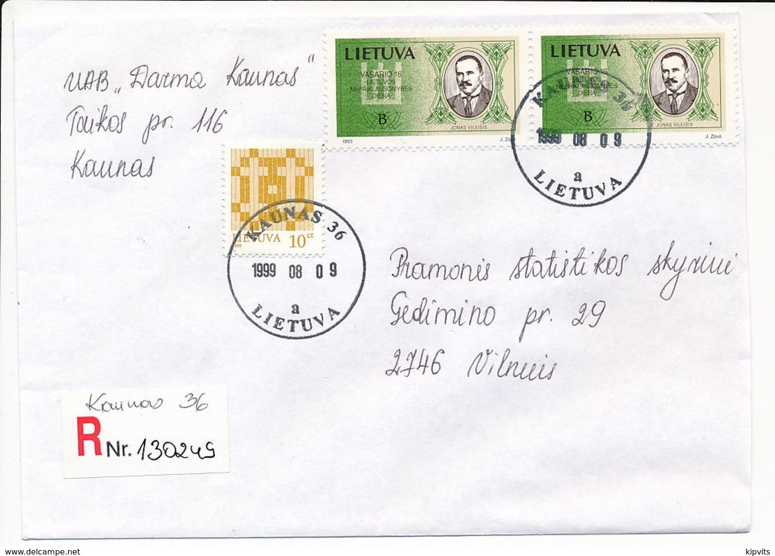 Registered Commercial Cover / NVI No Value Indication - 9 August 1999 Kaunas 36 - Lithuania