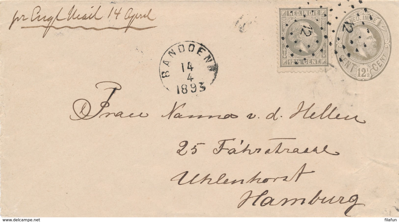 Nederlands Indië - 1893 - 12,5 Cent Willem III Op Envelop G7 Van Rond- En Puntstempel Bandoeng Naar Hamburg - Nederlands-Indië