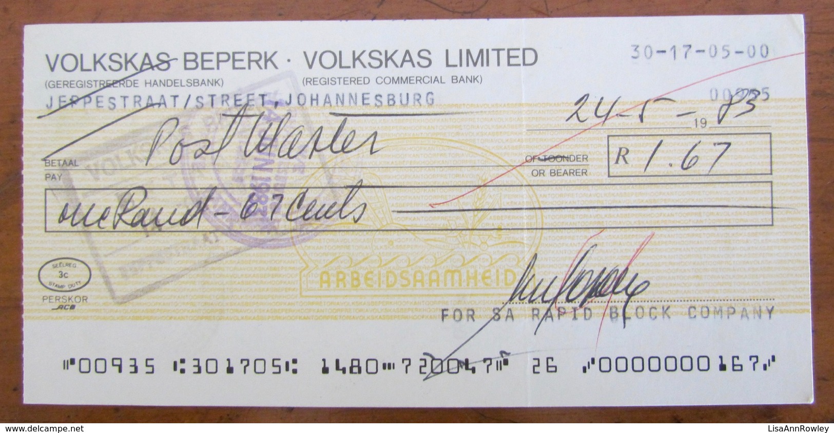 CHEQUE=SOUTH AFRICA=VOLKSKAS BANK=JEPPE STREET=JOHANNESBURG=1983=3c Stamp Duty. - Chèques & Chèques De Voyage