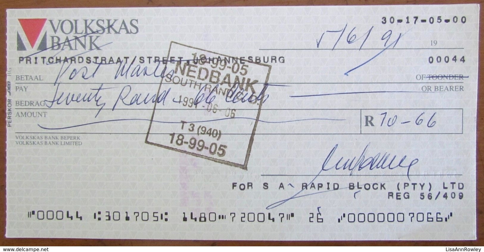 CHEQUE=SOUTH AFRICA=VOLKSKAS BANK=PRITCHARD STREET=JOHANNESBURG=1991. - Chèques & Chèques De Voyage