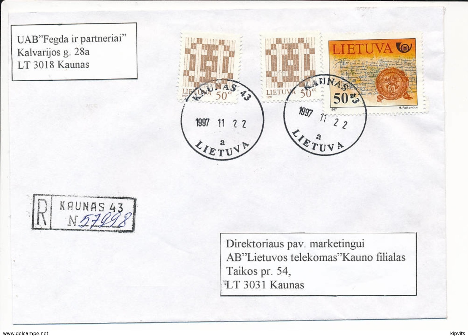 Registered Commercial Cover / Postal Service History - 22 November 1997 Kaunas 43 - Lithuania