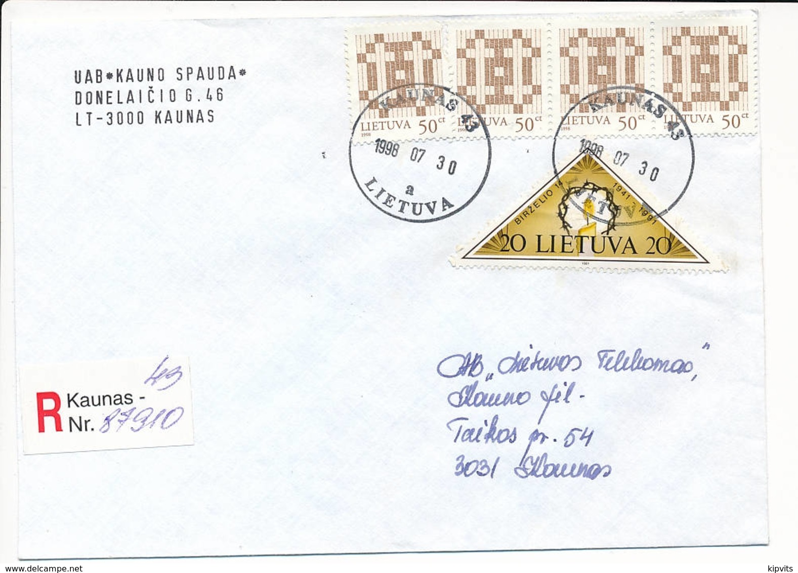 Registered Commercial Cover / Triangular Stamp - 30 July 1998 Kaunas 43 - Lithuania
