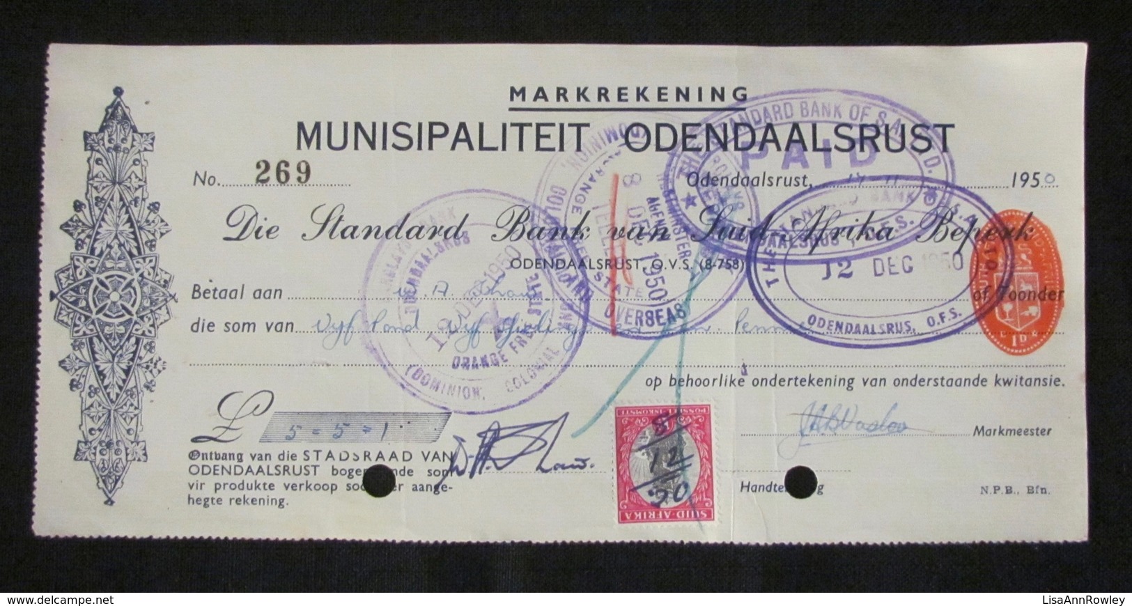 CHEQUE=SOUTH AFRICA=STANDARD BANK=MUNICIPALITY ODENDAALSRUST=ORANGE FREE STATE=1950 - Chèques & Chèques De Voyage