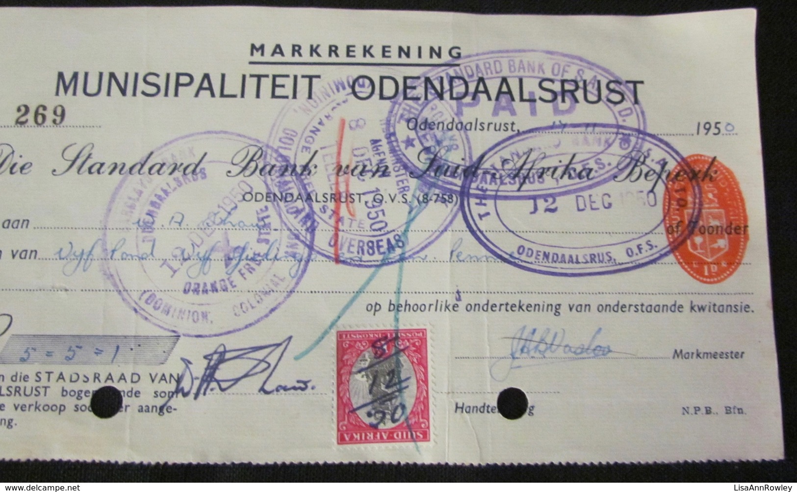 CHEQUE=SOUTH AFRICA=STANDARD BANK=MUNICIPALITY ODENDAALSRUST=ORANGE FREE STATE=1950 - Chèques & Chèques De Voyage