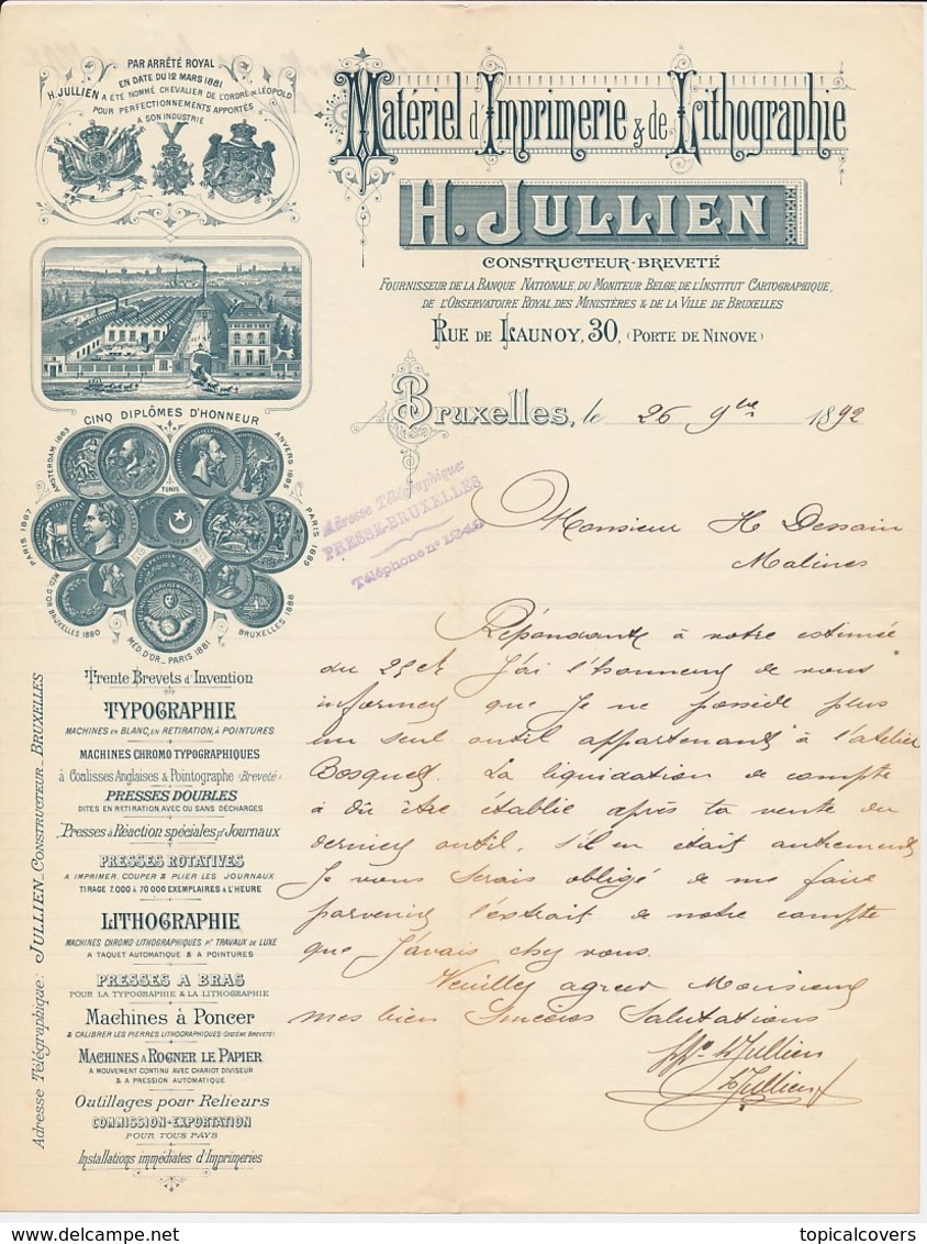 Factuur / Brief  Bruxelles / Brussel 1892 - H. Julien - Materiel D'Imprimerie  & De Lythographie - 1800 – 1899