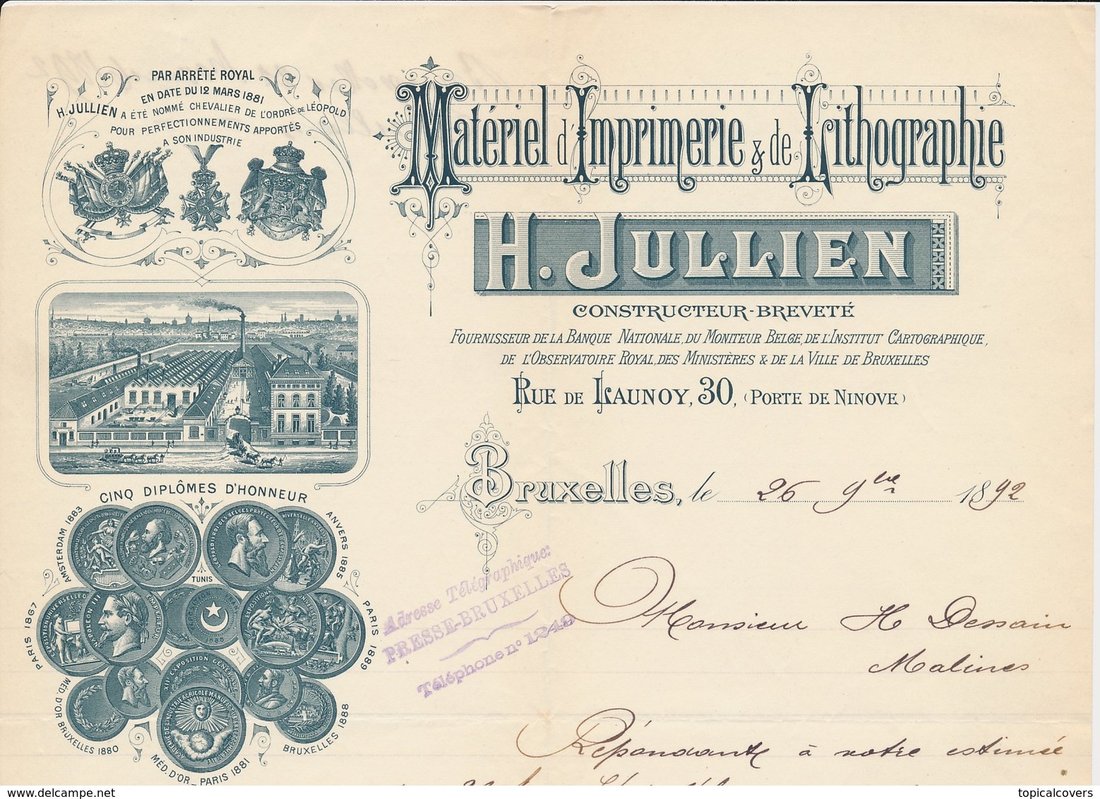 Factuur / Brief  Bruxelles / Brussel 1892 - H. Julien - Materiel D'Imprimerie  & De Lythographie - 1800 – 1899