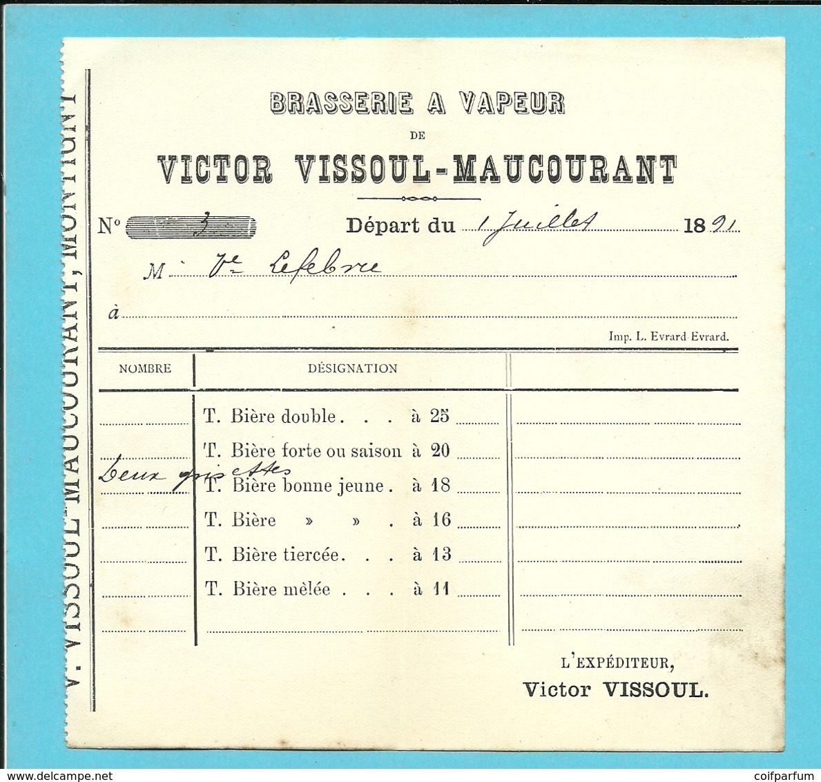 BRASSERIE A VAPEUR DE VICTOR VISSOUL-MAUCOURANT MONTIGNY 1891 (B6924) - 1800 – 1899