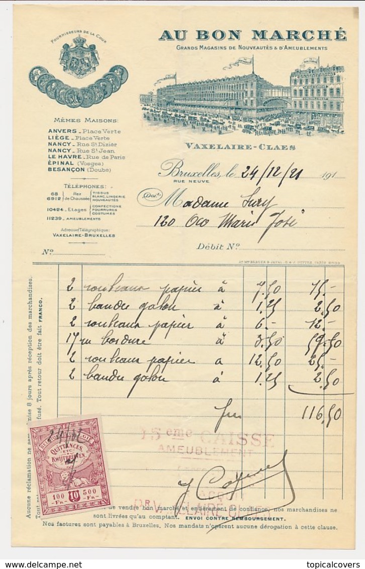 Factuur / Brief  Bruxelles / Brussel 1921 - Au Bon Marche - 1900 – 1949