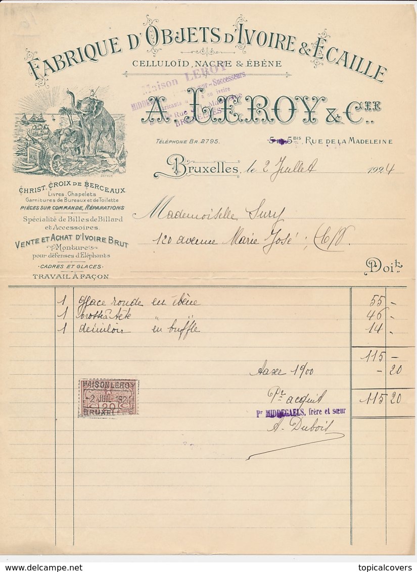 Factuur Bruxelles / Brussel 1924 - Leroy & Cie. - Fabrique D'objets  D'Ivoire - Factory Of Ivory Objects - Elephant - 1900 – 1949