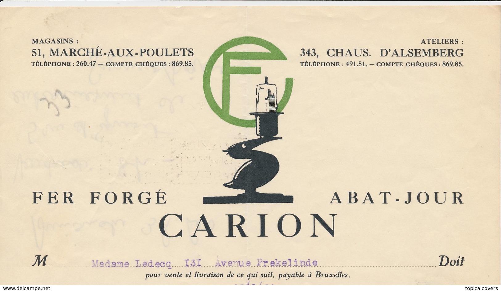 Factuur Bruxelles / Brussel 1924 - Carion - Fer Forgé - Wrougt Iron - Pelican - Candle - 1900 – 1949
