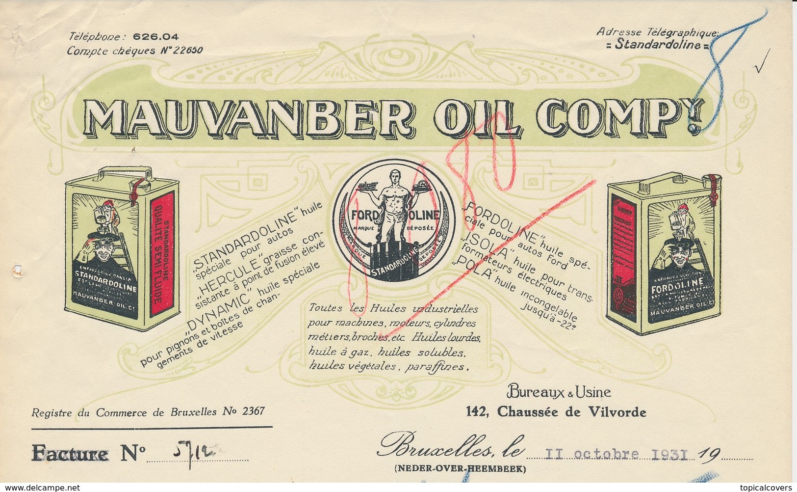 Factuur / Brief Bruxelles / Brussel 1931 - Mauvanber Oil Company - 1900 – 1949