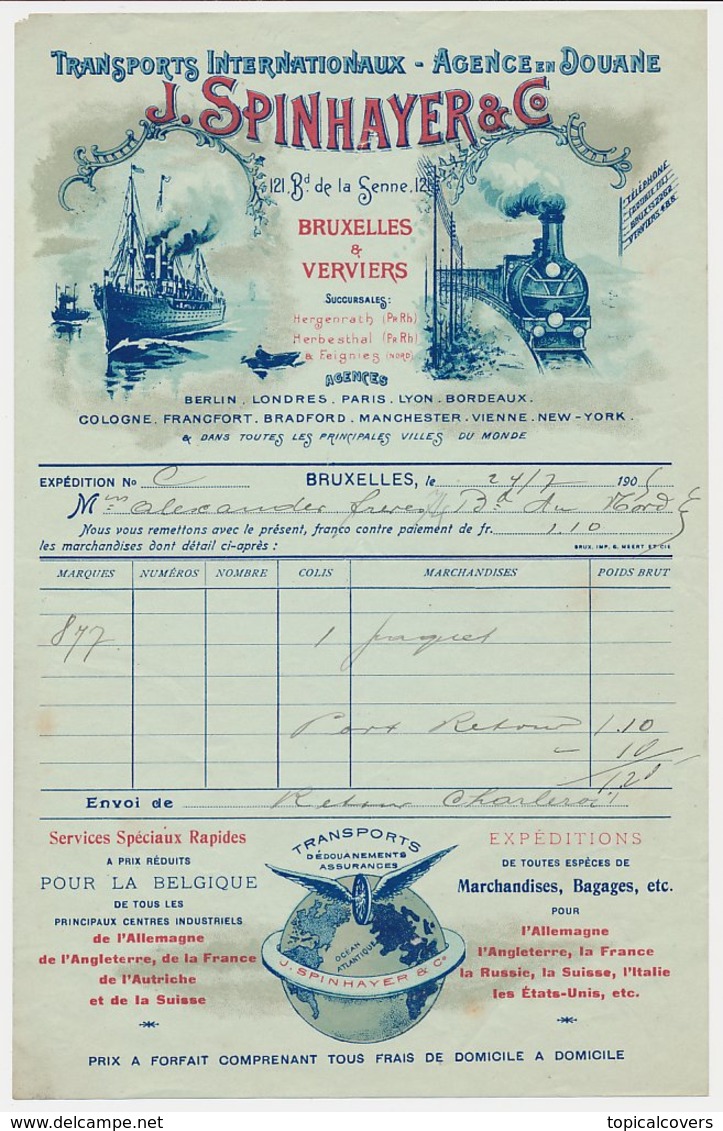 Factuur / Brief Bruxelles / Brussel 1905 - J. Spinhayer - International Transports - Steamship - Steam Train - 1900 – 1949